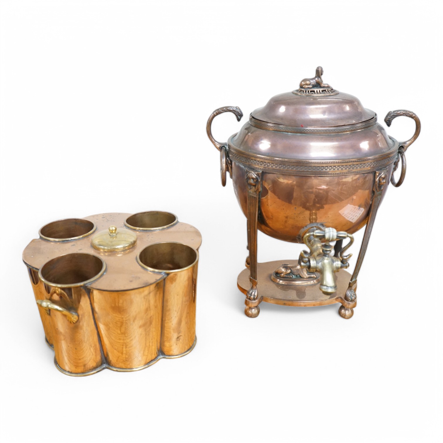 A copper samovar and bottle stand. Condition - fair to good